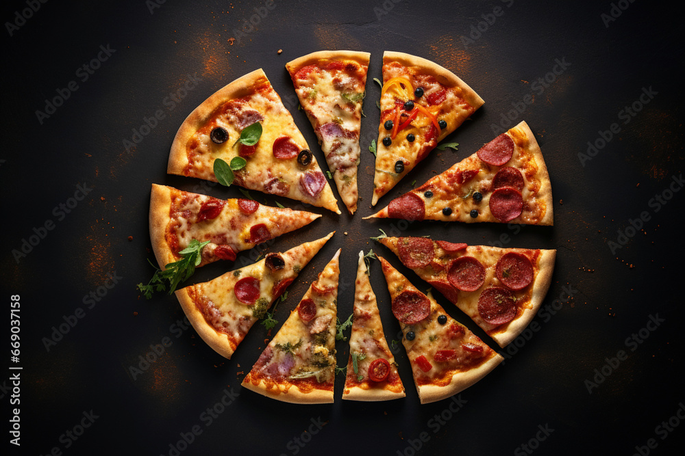 Variety of pizza slices top view on dark background