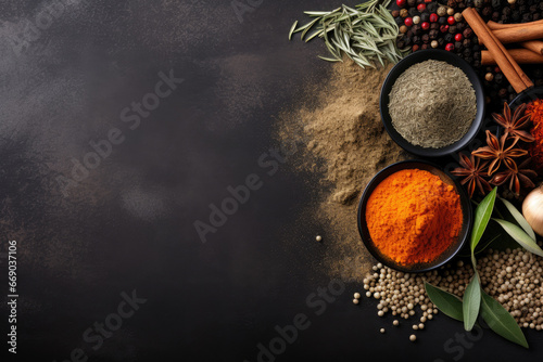 Herbal spiced and powdered foods that aid stress management and support the bodys functions on a speckled gray background with copyspace for text photo