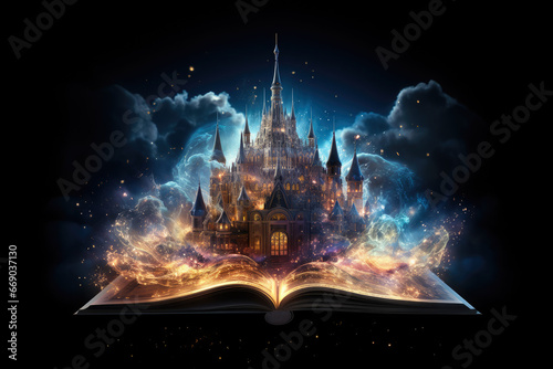 Spell book. Magically glowing old book. Fairy tale come to life photo