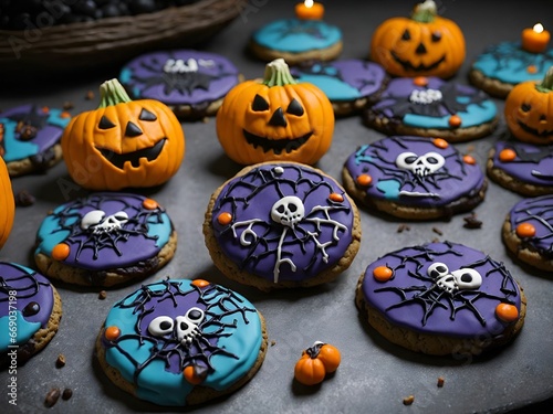 An AI illustration of halloween cookies decorated with white chocolate icing and spooky eyes © Wirestock