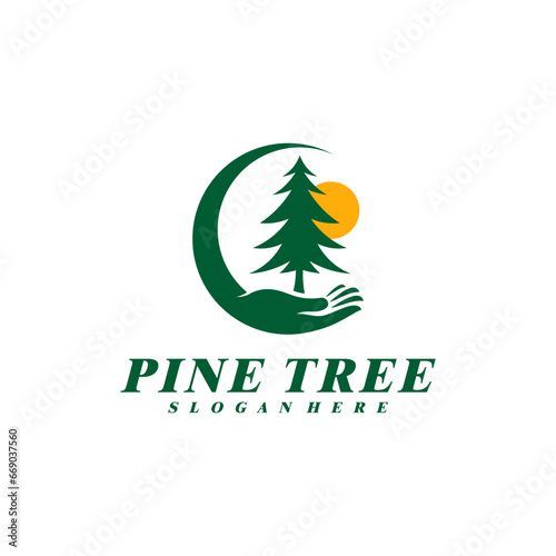 Pine Tree with Care logo design vector. Creative Pine Tree logo concepts template