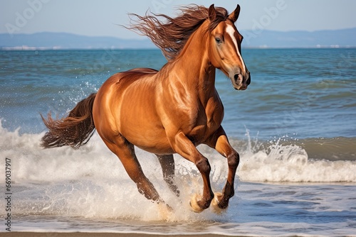 Horse Galloping Freely on the Beach: Embracing Freedom in the Lap of Nature © Michael