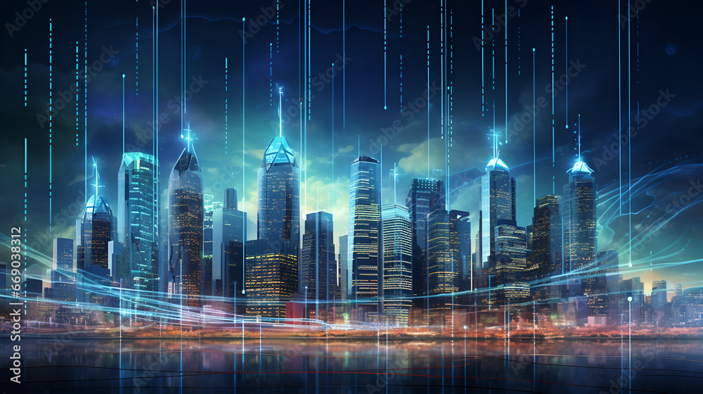 city skyline in the midst of a digital revolution, with skyscrapers transforming into digital interfaces and currency symbols, portraying the evolution of financial technology. 