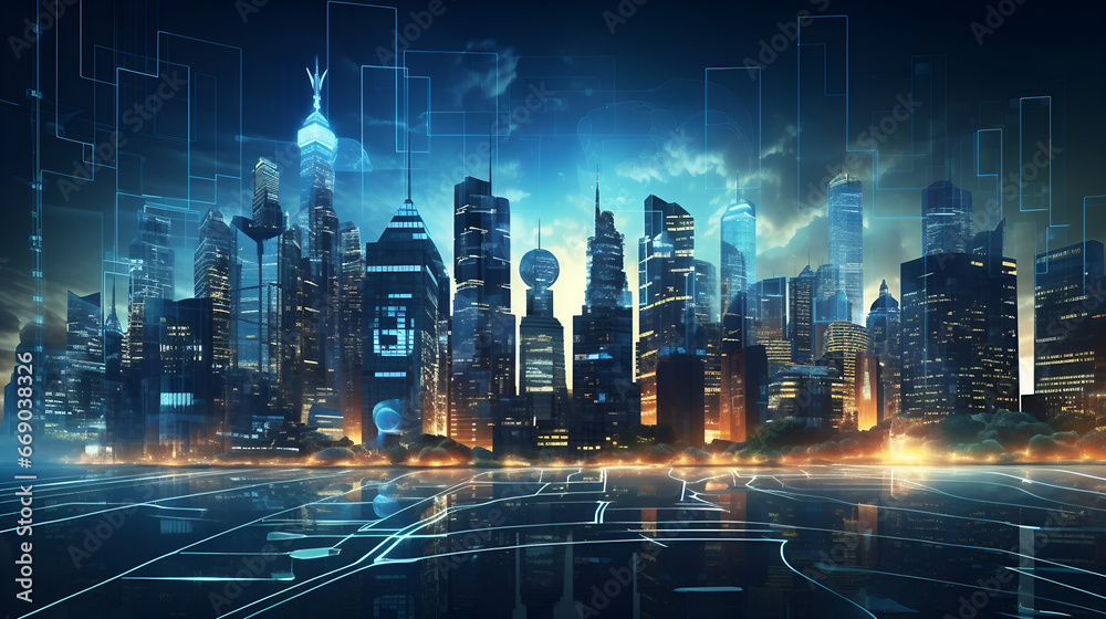 city skyline in the midst of a digital revolution, with skyscrapers transforming into digital interfaces and currency symbols, portraying the evolution of financial technology. 