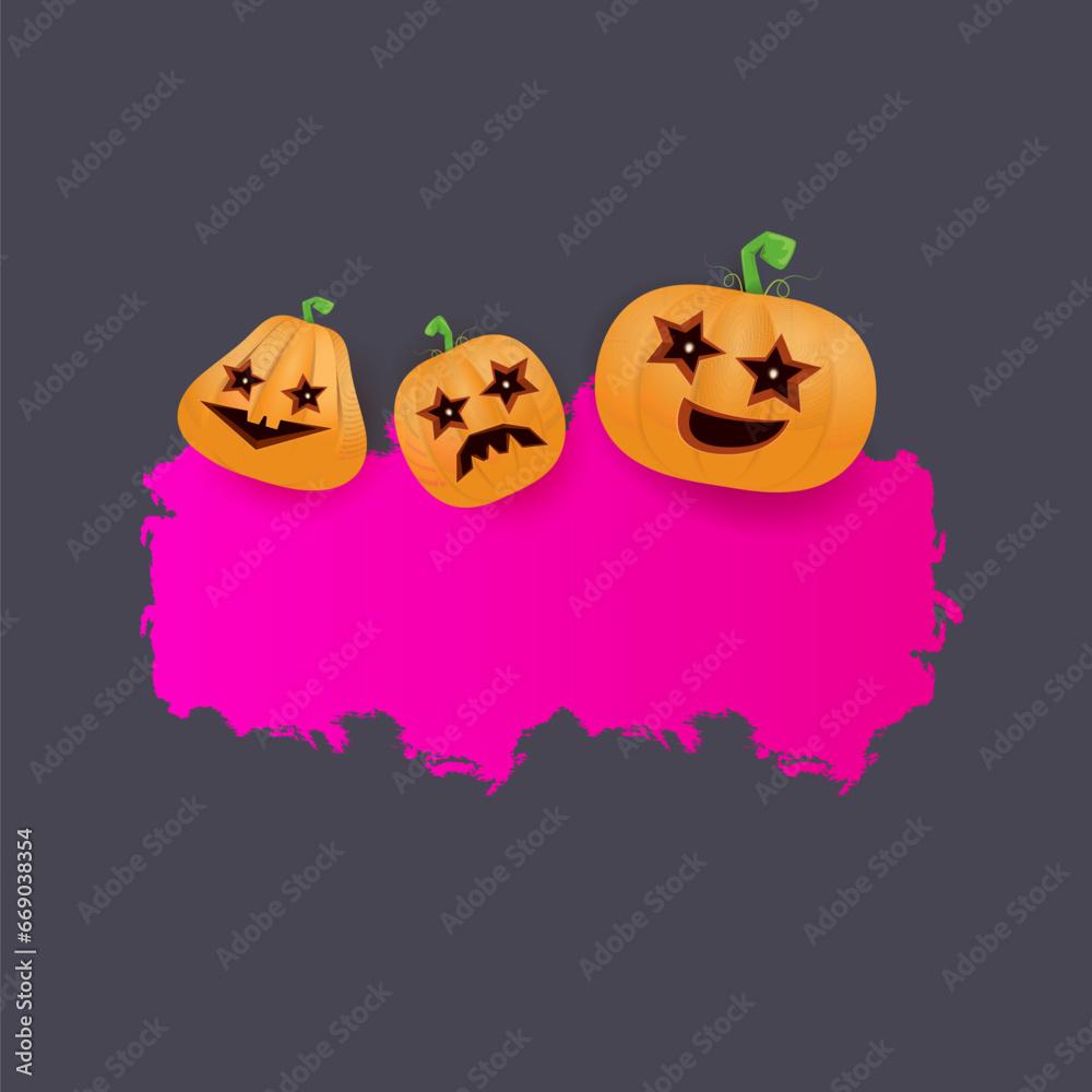 Fototapeta premium Halloween web grunge pink Banner or poster with Halloween scary pumpkins isolated on grey background . Funky kids Halloween banner with space for greeting text or sale