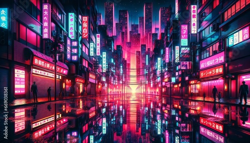 Neon-lit Cyberpunk Cityscape  Futuristic Japanese Metropolis in the Rain.