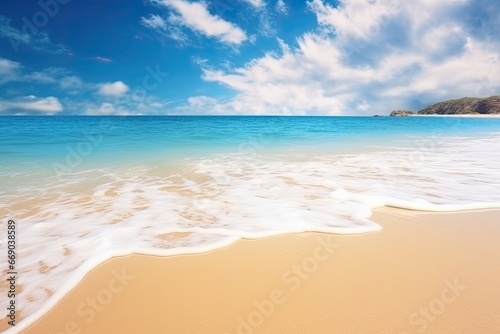 Nature Landscape View: Beautiful Tropical Beach and Sea with Soft Wave of Blue Ocean on Sandy Beach