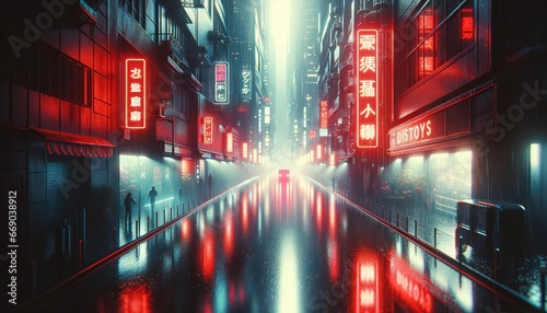 Neon-lit Cyberpunk Cityscape: Futuristic Japanese Metropolis in the Rain.