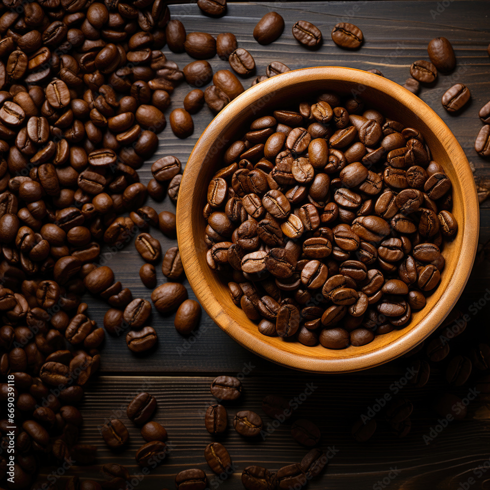 Fototapeta premium Coffee beans banner. Bowl full of coffee beans. Close-up food photography background