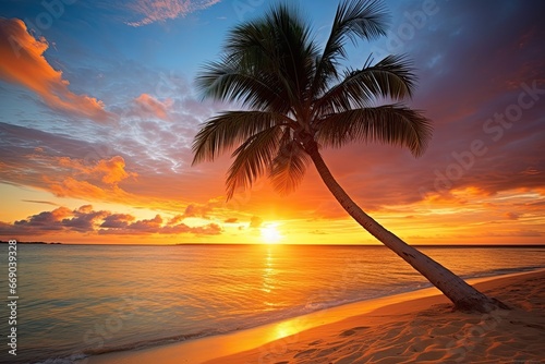 Palm Tree on Beach: Stunning Sunset View at Beautiful Sunset Beach