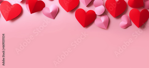 Valentine day composition with red hearts on pink background