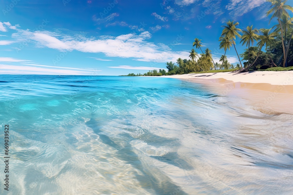 Turquoise Water Panoramic View: White Sand Beach's Idyllic Beauty