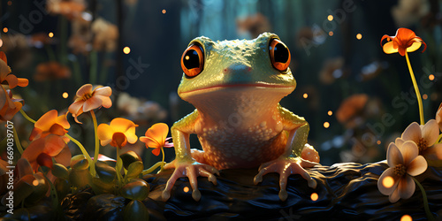Dumpy frog Latoria caerulea on green leaves dumpy frog on branch tree frog on branch 3d cute frog in front of flowers Colorful Dumpy Frog in its Natural Habitat. AI Generative