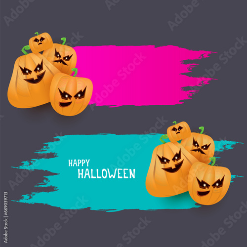 Halloween web grunge pink Banner or poster with Halloween scary pumpkins isolated on grey background . Funky kids Halloween banner with space for greeting text or sale