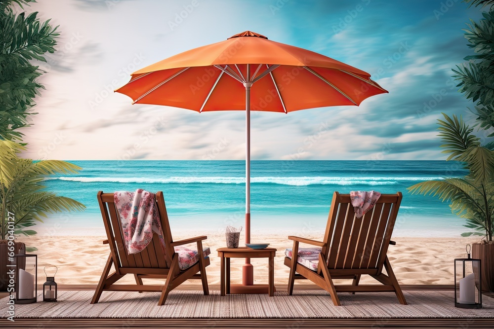 Chairs and Umbrella on Beach: A Serene Vacation Scene for Relaxation