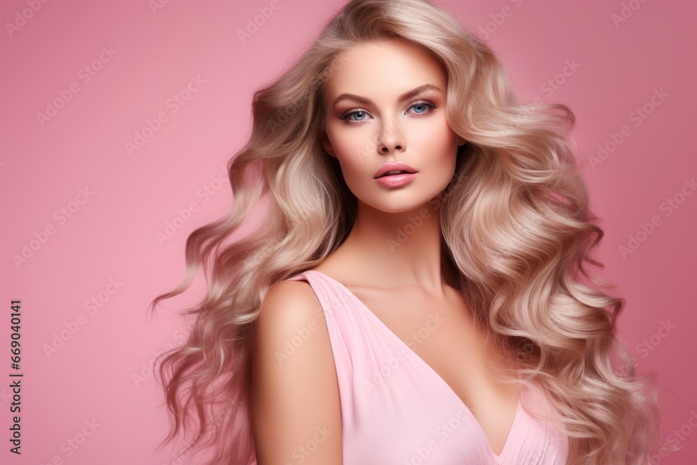 a close-up studio fashion portrait of a young woman with perfect skin, long wavy golden blond hair and immaculate make-up. Pink background. Skin beauty and hormonal female health concept a close-up studio fashion portrait of a young woman with perfect skin, long wavy golden blond hair and immaculate make-up. Pink background. Skin beauty and hormonal female health concept