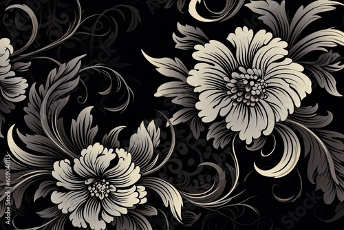 Retro Floral Fantasy: Black Floral Ornaments with Curls - Captivating Vintage-inspired Digital Image