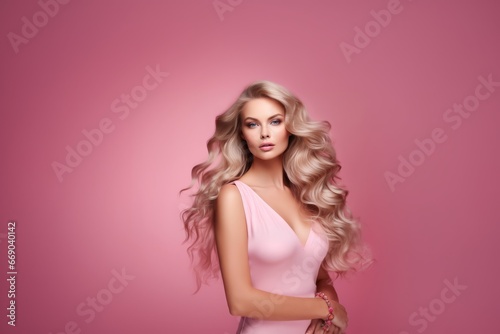a close-up studio fashion portrait of a young woman with perfect skin, long wavy golden blond hair and immaculate make-up. Pink background. Skin beauty and hormonal female health concept