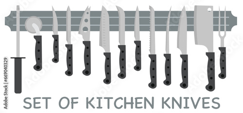 Set of kitchen knives vector illustration. Flat design knives with dark magnetic handles. Logo for the kitchen.