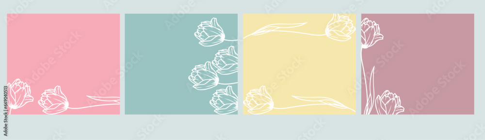 Floral background templates with line drawings flowers in pastel colors. Editable vector design, frame for social media post and story, card, cover, wedding invitation, poster, mobile apps, web ads
