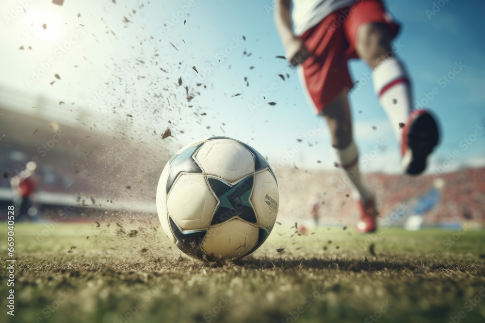 Football, foot kicks the ball. Close up