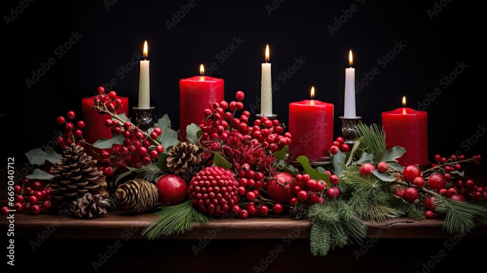 Christmas candles with arrangement and decorations. Christmas candles with arrangement and decorations.