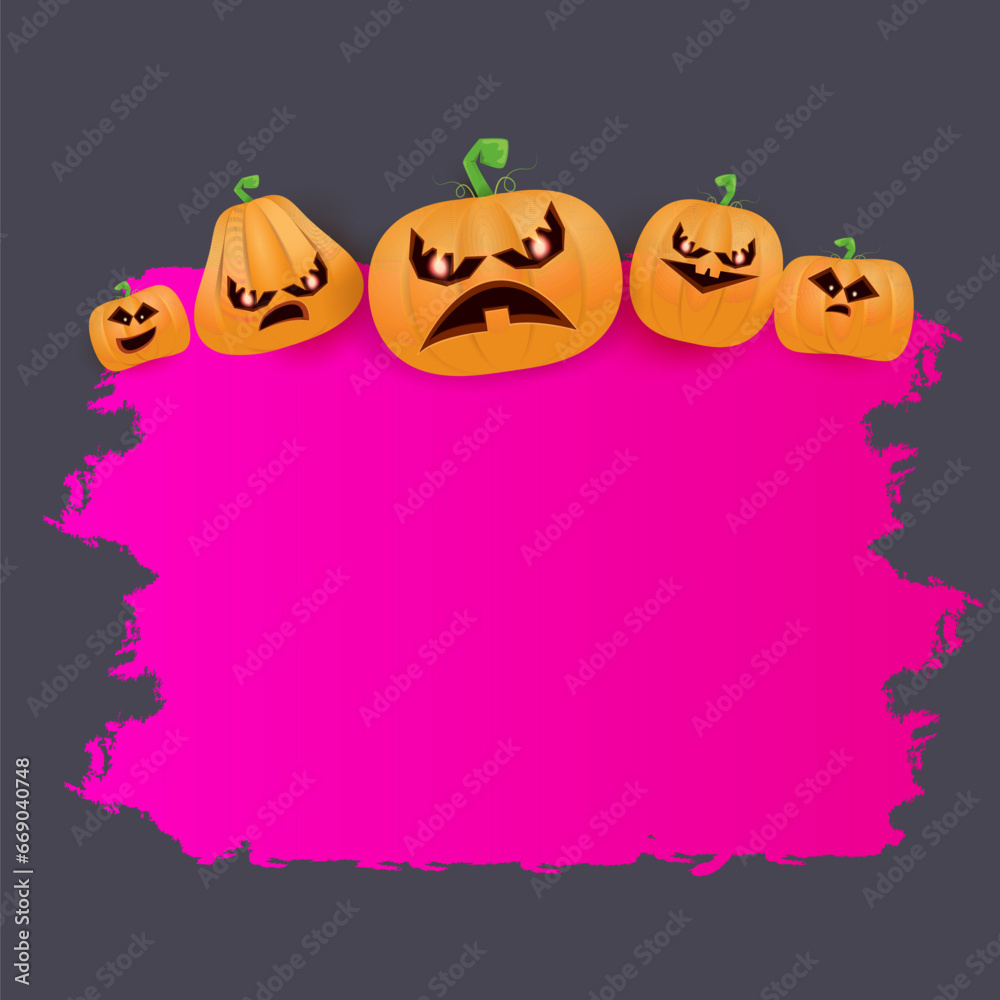 Fototapeta premium Halloween web grunge pink Banner or poster with Halloween scary pumpkins isolated on grey background . Funky kids Halloween banner with space for greeting text or sale