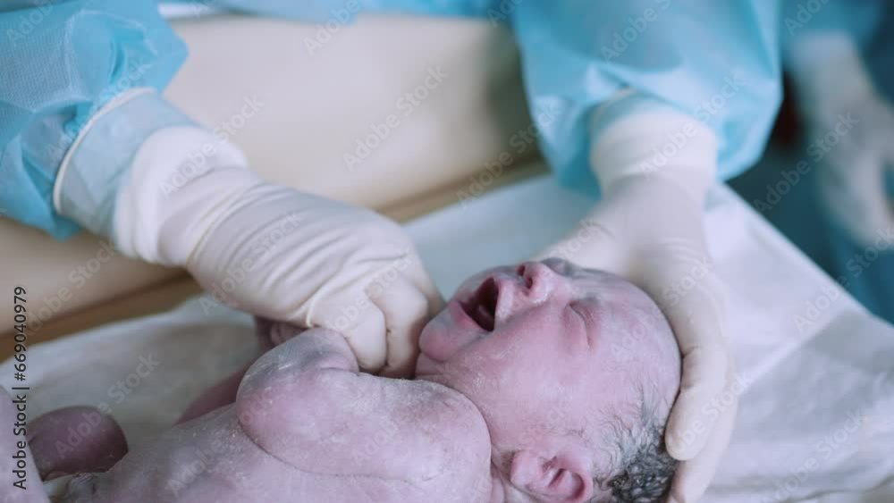 Doctor examines a newborn baby in the first few minutes of life. A ...