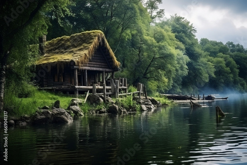 Typical wooden hut cabin for fisherman in river