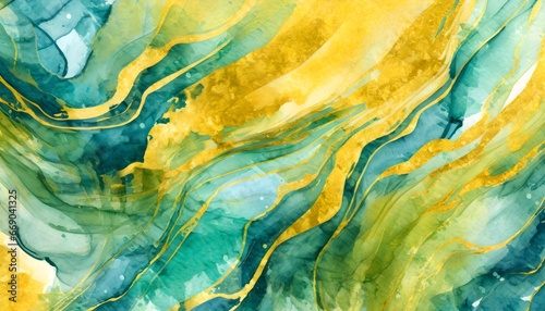 Abstract watercolor paint background by teal color blue golden and green with liquid fluid texture for background, banner 