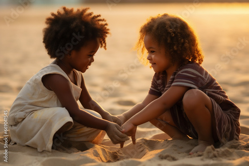 Two little girls are playing in the sand on the beach