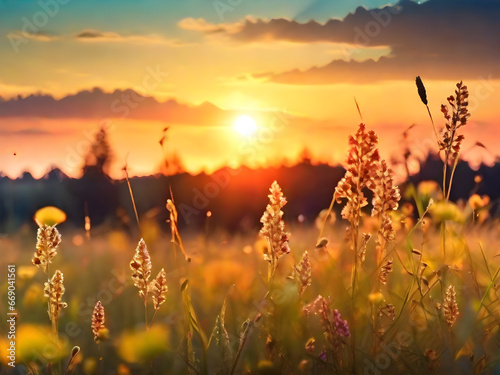 Banner with beautiful meadow with wild flowers over sunset sky. Beauty nature field background with sun flare. Bokeh, silhouettes of wild grass and flower. Beautiful summer or autumn nature backdrop