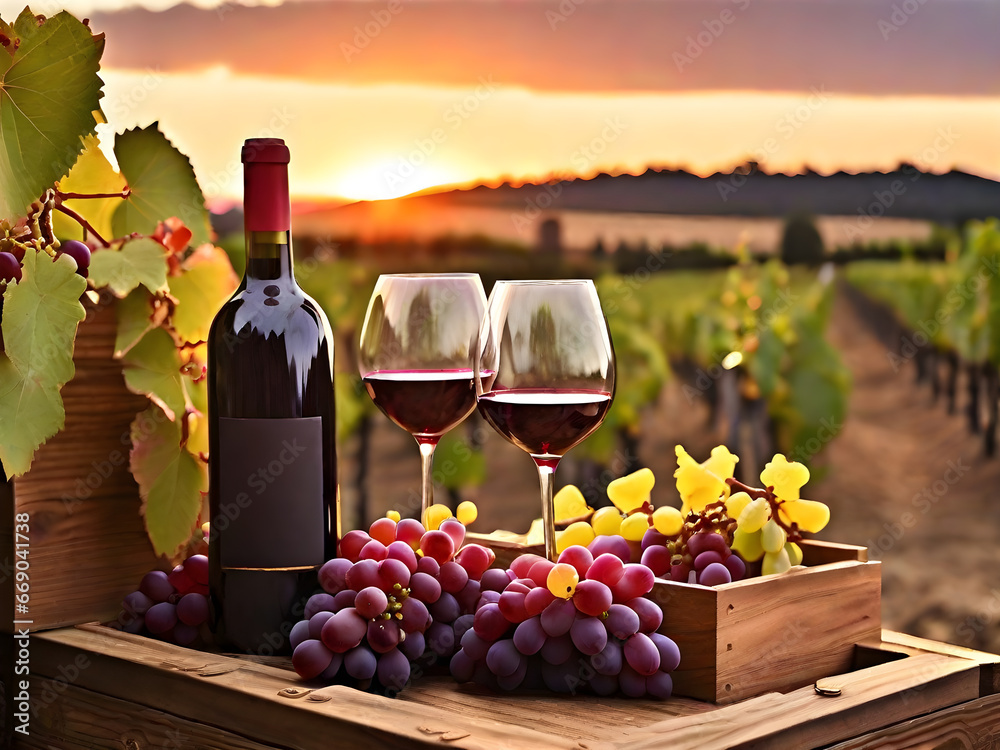 Sunset over wineyard as red grapes are ripe, and a bottle of wine with two glasses poured are on a wooden box.