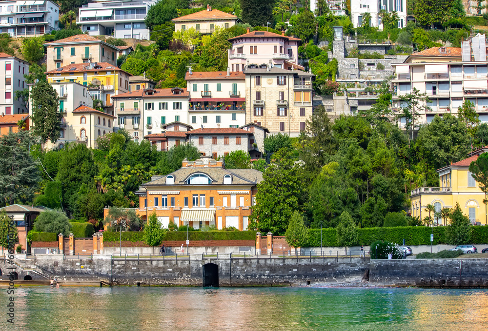 View of the beautiful architecture and Lake Como in Italy