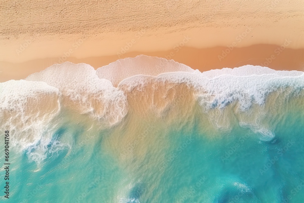 Tranquil Beach Coastline: Aerial View of Sunlit Summer Mood, Relaxing and Serene