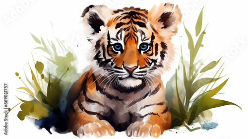 A painting of a tiger sitting in the grass with big blue eyes on white background, watercolor style, Generative AI