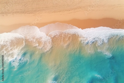 Tranquil Beach Coastline: Aerial View of Sunlit Summer Mood, Relaxing and Serene