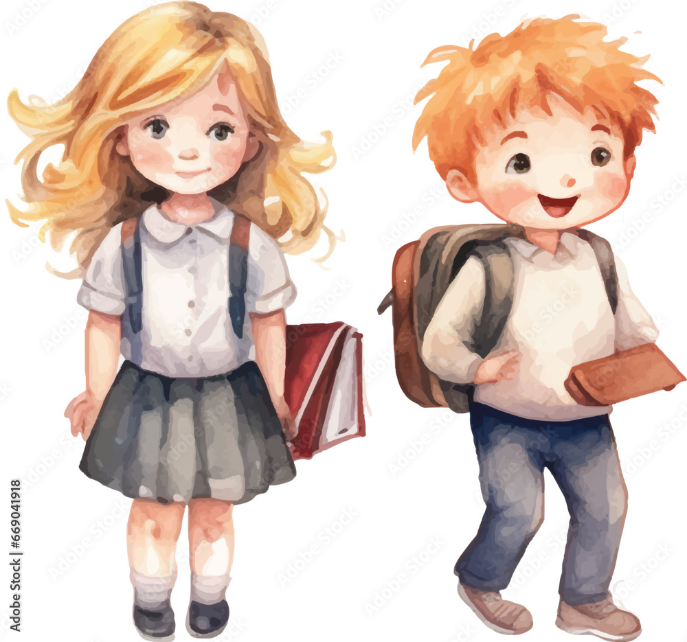 cute school children illustrations drawn in watercolor on white background. cute school children illustrations drawn in watercolor on white background.