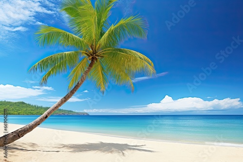 Vacation Travel Holiday Beach Banner Image: Palm Tree on Tropical Beach with Blue Sky © Michael