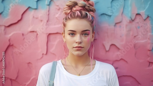serious сool teen stylish fashion hipster girl with pink hair posing in urban location. Beautiful teenage generation z girl looking at camera. AI.