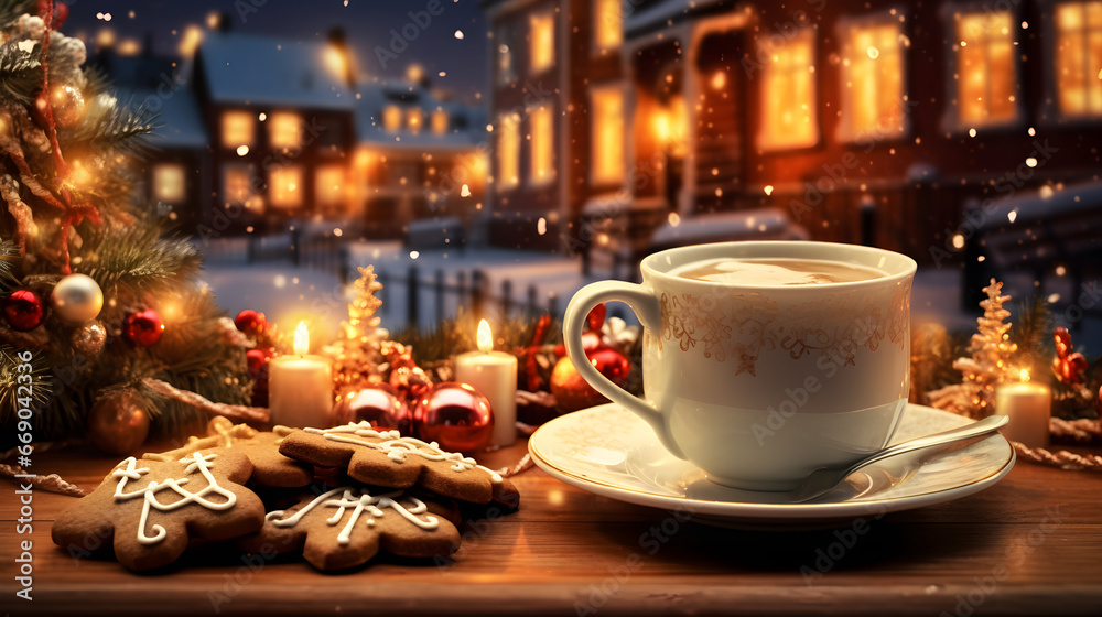 Fototapeta premium New Year's cup of coffee on a fonet decorated street