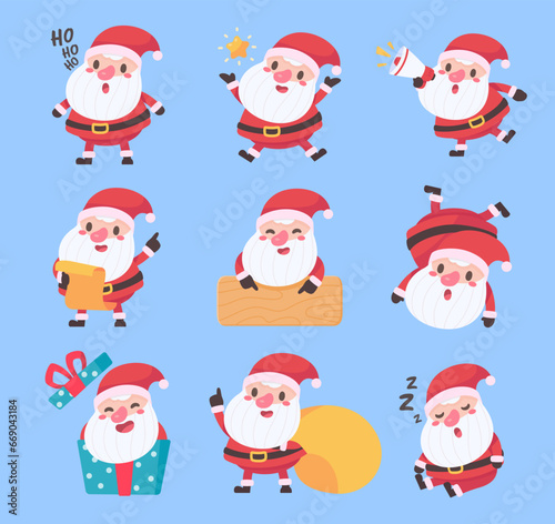 Santa Claus. Fat man with a white beard. Wear a red costume in various poses. To give gifts on Christmas Day