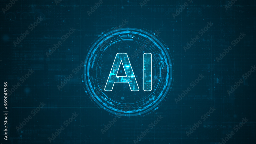 Blue digital AI letter and circle futuristic HUD elements with flowing arrows with Ai chatbot and machine learning technology and ai assistance concepts on abstract background Blue digital AI letter and circle futuristic HUD elements with flowing arrows with Ai chatbot and machine learning technology and ai assistance concepts on abstract background