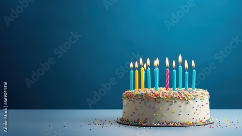 Celebration birthday cake with colorful sprinkles and colorful birthday candles on blue background with copy space. AI