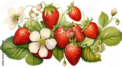 watercolor illustration of ripe strawberry with leaves and flowers, painted elements composition. Hand drawn food illustration