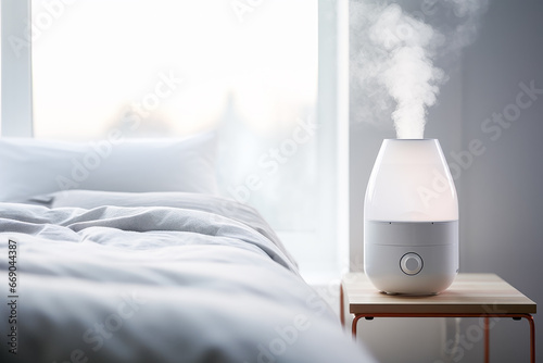 Close up of humidifier with smoke on bedroom in background of modern house. Health concept of drying and moisture. photo