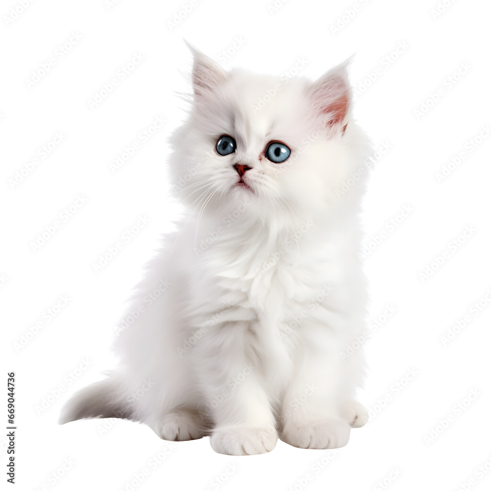 Cute white persian cat, sitting kitten isolated on transparent background Generative AI