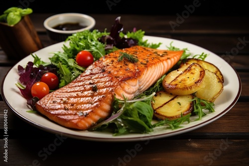 Seared salmon steak with fried potatoes and fresh vegetable salad served on wooden table