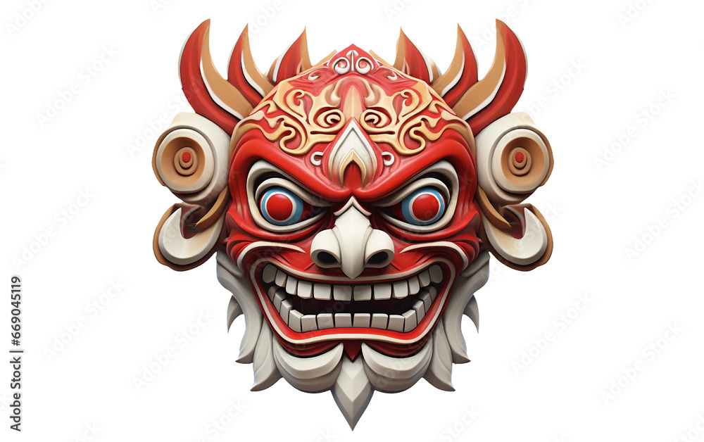 3D Representation of a Traditional Indonesian Topeng Dance Mask on Clear Background