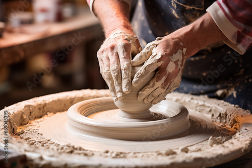 Freeze the moment of clay shaping on a potter's wheel, highlighting the hands at work. Art Workshop Photo